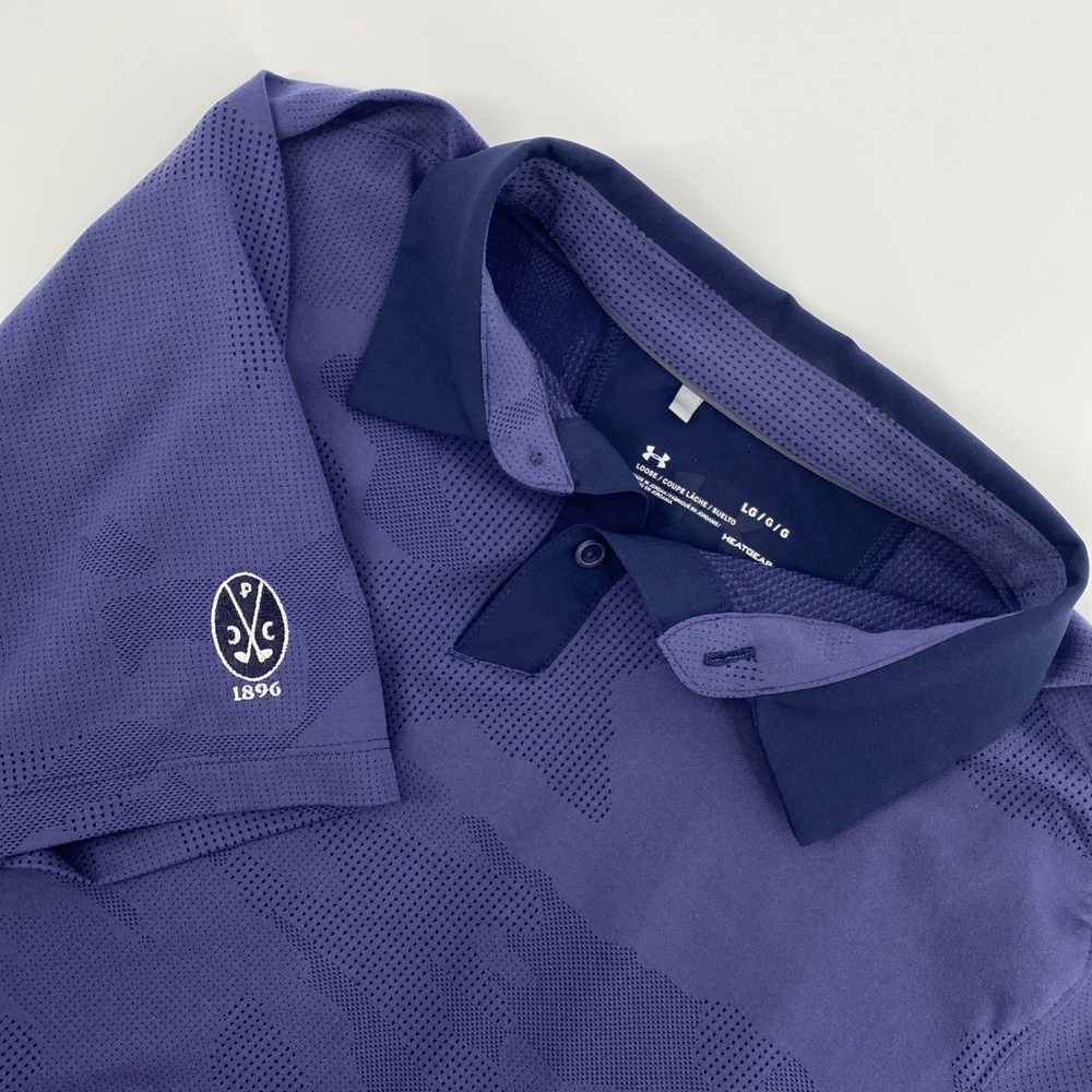 Under Armour Golf Polo Shirt Mens Large Blue Camo Heat Gear 1896 Crest Athletic